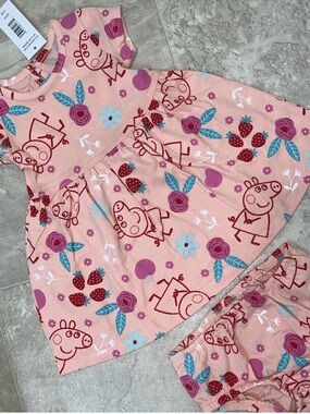 Peppa Pig Pink Floral Strawberry Pajama Dress & Bloomers Set